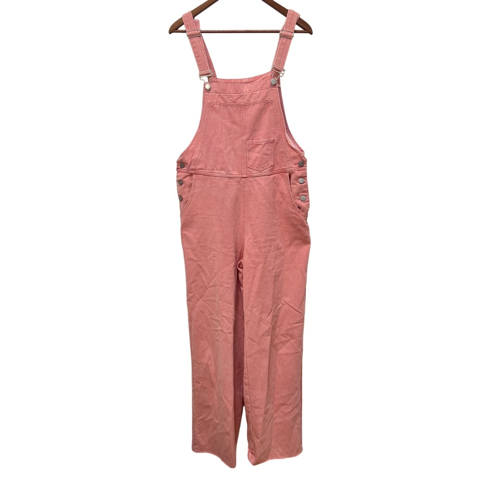 Pink Denim Wide Leg Overalls Women Large Bib Pocket Raw Hem Dungarees Utility